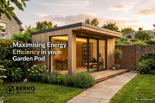 Energy efficient garden home office pod in a residential garden in Donegal and Derry by Berko Pod Systems