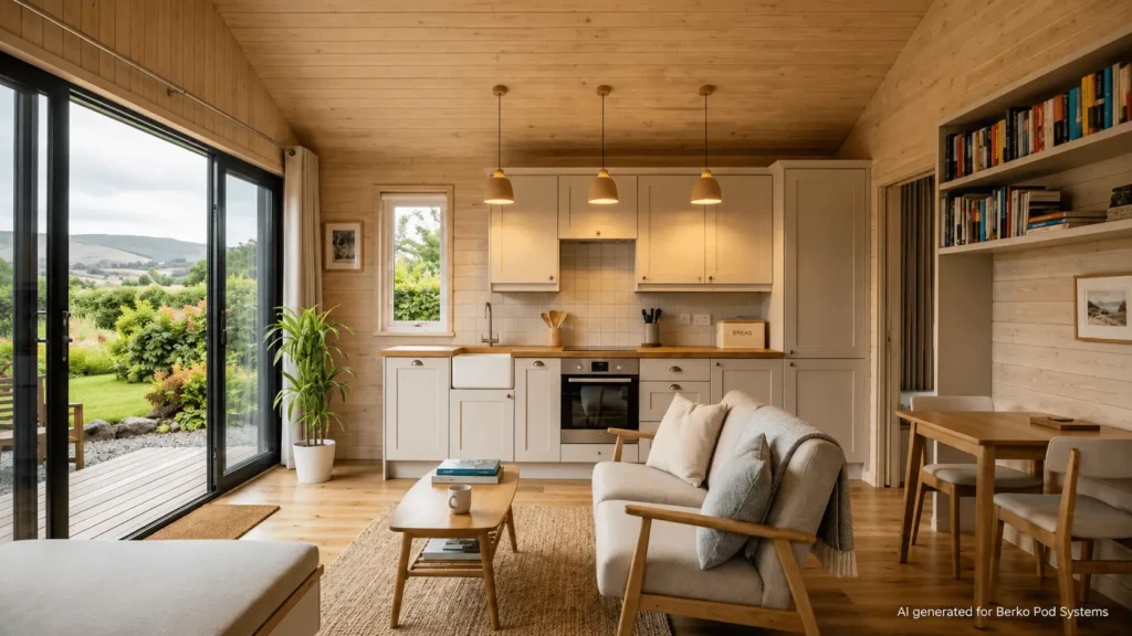 Open plan living, kitchen and dining area inside a 45 square meter modular home showing full use of compact floor space, Ireland