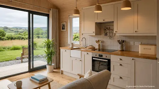 Open plan living, kitchen and dining area inside a 45 square meter modular home showing full use of compact floor space, Ireland